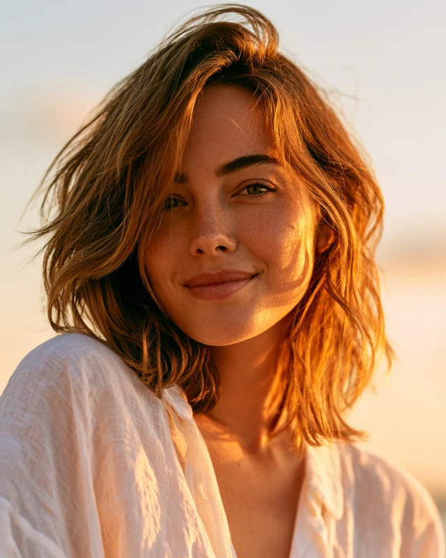 confident woman, late 20s, flowing white linen shirt, warm golden hour sunlight, soft smile, looking slightly off camera, natural wavy hair, outdoor sky background soft bokeh, cream and gold tones, editorial fashion photography, 85mm portrait, shallow depth of field, no text