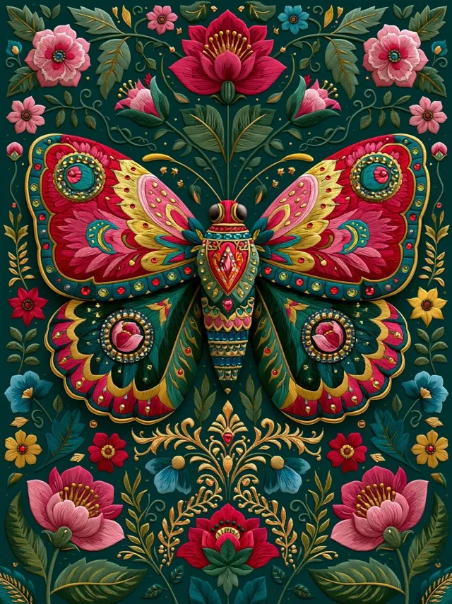 A colorful butterfly with intricate red, pink, yellow, blue, and green wings, featuring embroidery and jewelry-inlaid effects, set against a dark green background filled with pink, red, blue, and yellow flowers, green leaves, vines, and golden decorative details ， all forming intricate floral patterns, in a deta