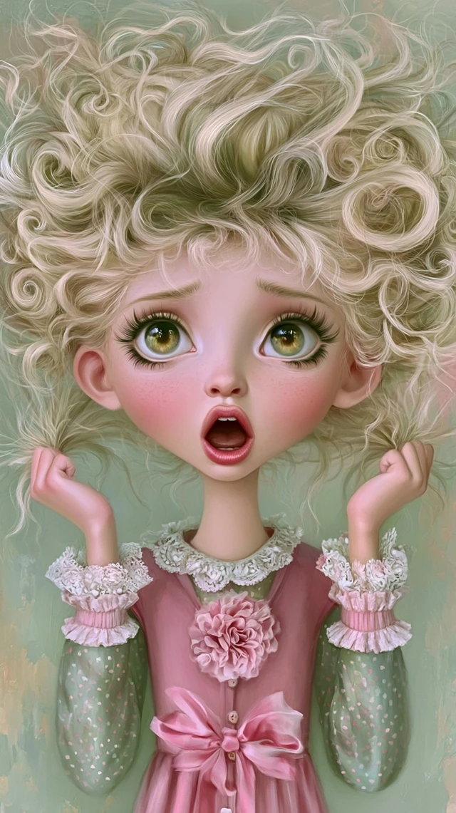 show whole body view from head to feet a cute whimsical portrait of a young woman having a bad hair day, her hair is a wild chaotic mess of blonde hair a flyaways sticking out in every direction, tangled curls going sideways her mouth is wide open and she is pulling her hair