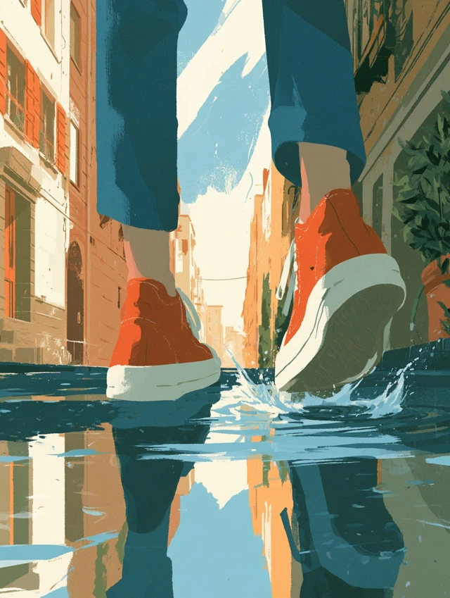 album cover illustration, stylish urban illustration of sneakered feet walking through a rain-wet alley on a bright late morning, close-up on the feet, one sneaker splashing lightly into a puddle, seen from a slightly tilted low angle with the view opening upward toward the sky, narrow alley framed by buildings, bright blue-white post-rain sky above, fresh light-filled atmosphere, clean shapes, clear colors, soft reflections on wet asphalt, everyday city feeling, elegant and modern illustration, light and open mood, square cover artwork, no face visible, no upper body focus, no text, no logo