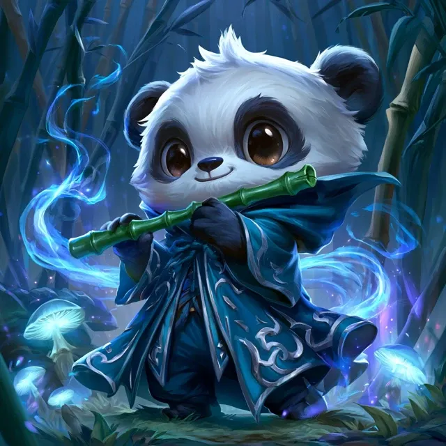 A very kawaii/chibi square video game avatar of a cute male baby panda. The panda has large eyes, a sweet smile, and is wearing a flowing blue mage robe with glowing silver runes. He is standing in a mystical fantasy bamboo forest at night, holding a tiny green bamboo flute. Magical blue energy wisps and glowing mushrooms surround him. Vibrant colors, soft digital illustration style, 2D gaming aesthetic.