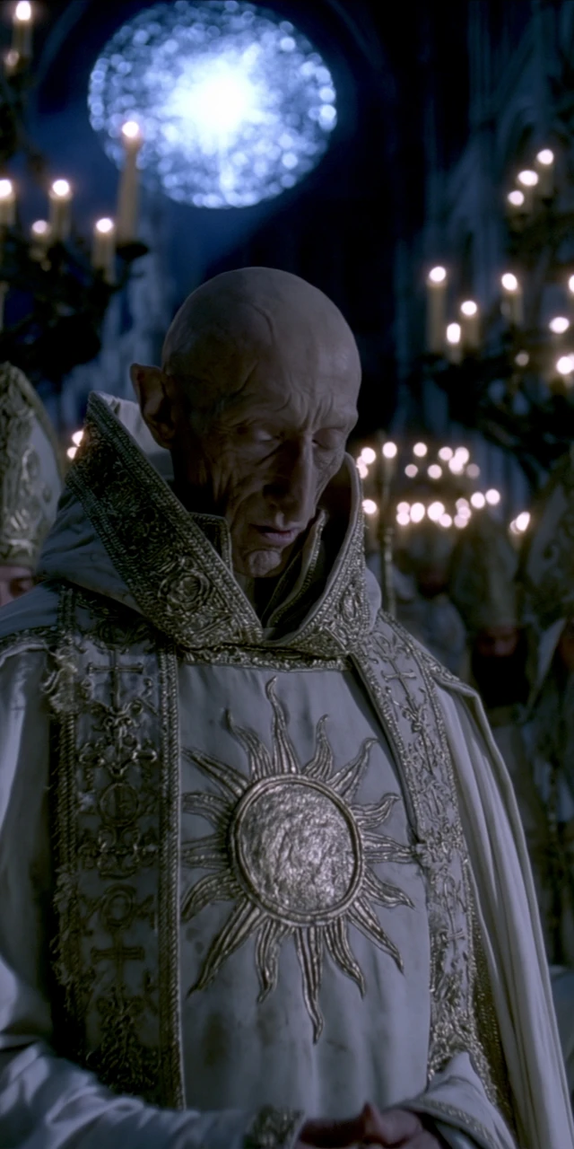 An old man priest in a church giving a sermon, clean shaven, thin figure, White vestments. Stole with sun-sigil of Lord Gwyn in gold thread, tarnished at the edges, shot of a movie, cinematic, shot on 70mm