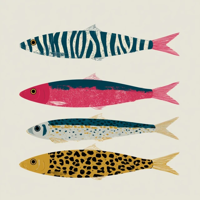 Minimalist vector of three different sardines: one with zebra stripes and the other two in the style of leopard print, on a light background. Bright colours