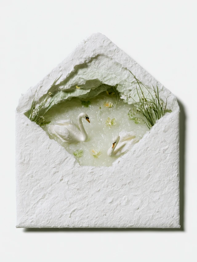 an opened envelope releasing an enchanted mint swan lake, graceful white swans gliding across luminous seafoam waters, floating water lilies, delicate reeds and wildflowers, dreamy fairy-tale landscape emerging from a letter, whimsical storybook illustration, hand-cut paper collage, colored pencil texture, watercolor washes, layered handmade paper, visible paper grain, soft mint, celadon and pale turquoise palette, magical and nostalgic atmosphere, floating petals and butterflies, clean white background