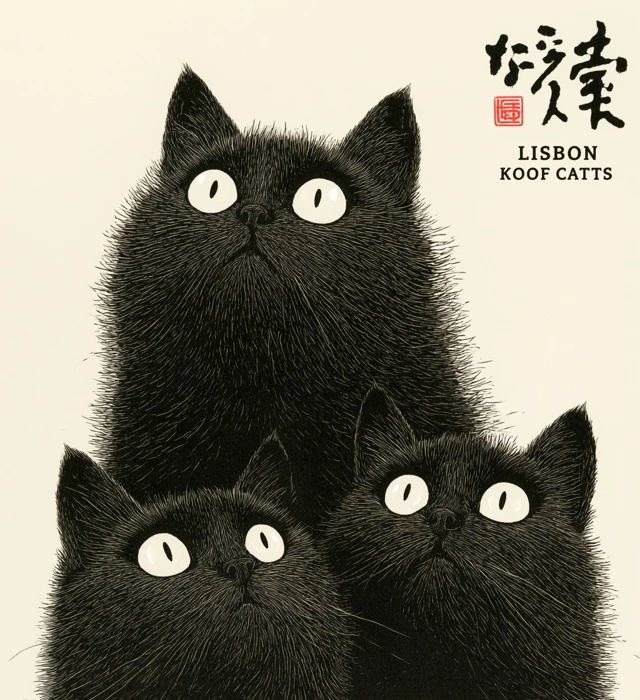a trio of black cats with large, reflective white eyes and small black pupils are shown looking up against a plain, light colored background. the artwork has a distinct engraved or etched quality, with individual strands making up the cats' fur. the cat at the top is the largest, with two smaller cats positioned below it. the upper right corner includes black calligraphic text in japanese, a red square emblem, and the printed words "lisbon" and "koof catts" in black letters.