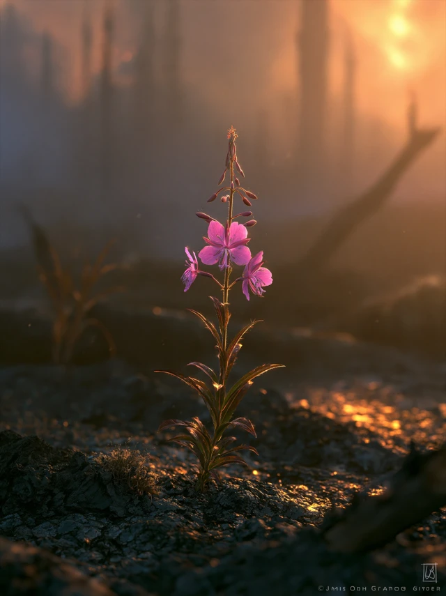 A single vibrant pink fireweed flower blooming from charred black ash and burnt earth after a wildfire, delicate petals glowing in warm golden morning light, smoke-hazed background with remnants of burnt trees, hope and resilience, cinematic lighting, highly detailed digital illustration, soft warm tones contrasting with dark ash, 4K,