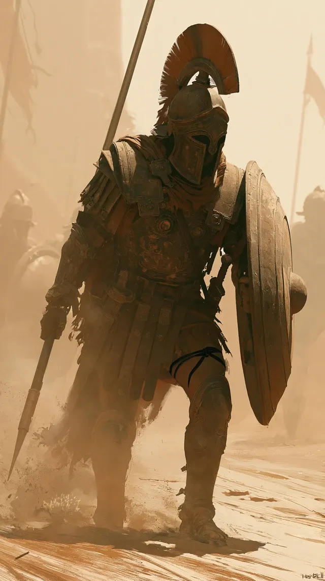 create an image of a mighty trojan soldier storming the fortress behind the troy hose wearing a pair of black thongs.