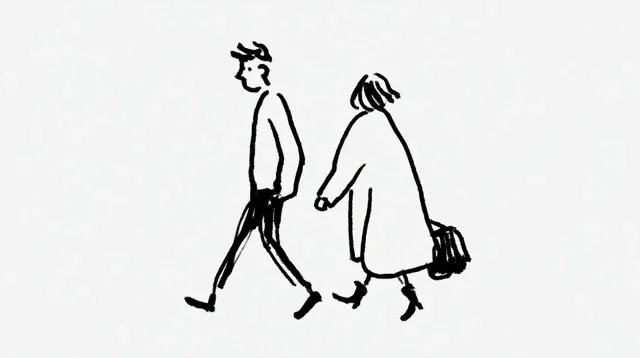 two person walkin, white background, brush stroke line art