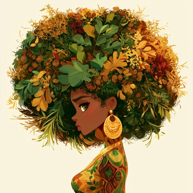 an african woman with an afro made of herbs and spices in the style of anime