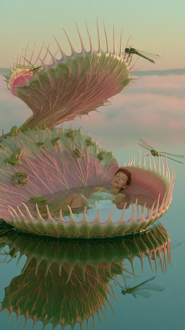 A colossal Venus flytrap floating on the surface of a silent lake at sunrise. Its open trap is naturally filled with perfectly still water, functioning like an organic bathtub. A woman peacefully floats inside with her eyes closed, while dragonflies rest on the rim, tiny frogs sit among the veins of the plant, and morning mist drifts across the water. The carnivorous plant has evolved into a nurturing organism, transforming a predator into a sanctuary. Impossible botanical evolution, poetic surrealism, museum-quality editorial photography, ultra-realistic biology, quiet luxury aesthetic.