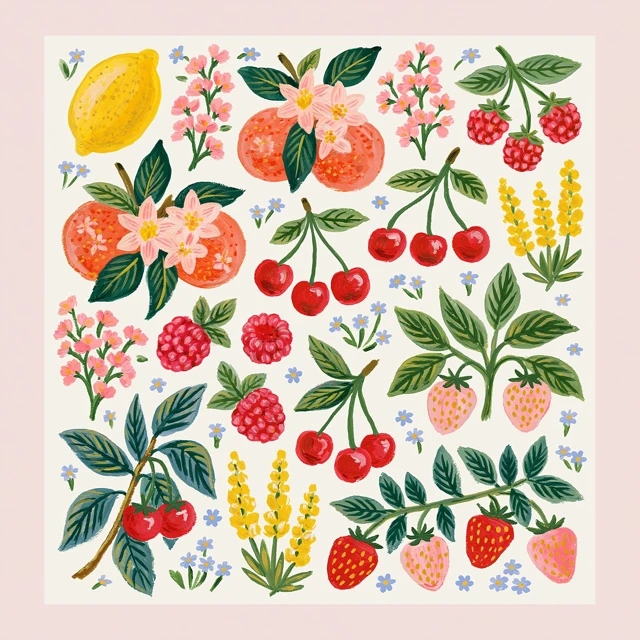 A painterly botanical illustration sticker sheet on a plain white background. The collection features scattered elements: a bright yellow lemon, clusters of oranges with blossoms, ripe red cherries, raspberries, and strawberries on leafy branches. Interspersed with sprigs of pink blossoms, yellow flower spikes, and tiny blue wildflowers. Style is expressive gouache with visible brushstrokes, vibrant and warm color palette, modern folk art aesthetic, high contrast, clean edges.
