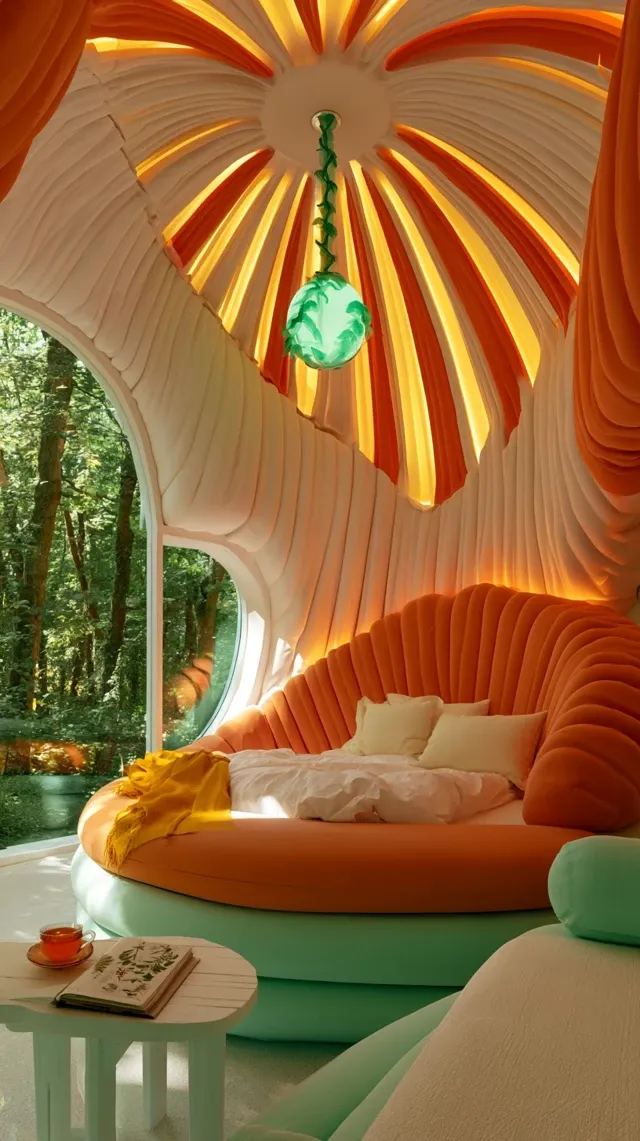 First person POV, pure interior view, no limbs. 9:16 vertical portrait. Side front diagonal perspective: viewpoint at right front edge, extending diagonally toward left front. Right foreground: partial mint green and cream white curved fabric daybed cut off by frame. Both side walls extend outward at wide angles. Lighting: Lush green summer forest outside with golden dappled sunlight. Bright natural light blends with indoor warm strips. Incredibly bright, vibrant, zero dark corners. Palette: mint green, bright orange, warm white, bright yellow. Ceiling: Giant "pumpkin segment radiating relief dome" - alternating matte warm white and vibrant bright orange curved panels, embedded warm yellow light slots between segments. Central "green vine" acrylic glowing ball pendant lamp. Front wall: Giant 3D layered pumpkin segment wrapping structure. Warm white and bright orange reliefs extend downward, wrapping the bed's headboard and sides - pure sculpture. Left: Large arched floor to ceiling glass window with healing green forest view. Bed (absolute core, center near midground): Three layer pumpkin segment curved bed; frame in bright orange and mint green matte velvet. Pure white cotton bedding, cream pillows, folded bright yellow blanket at foot. White wooden side table with hot orange cinnamon tea and open botanical book. Floor: Light oak parquet with "Green Wonderland" abstract rug - mint green, bright orange, cream white geometric blocks. Fully sculptural pumpkin wrapped room, extremely bright, refined, photorealistic.