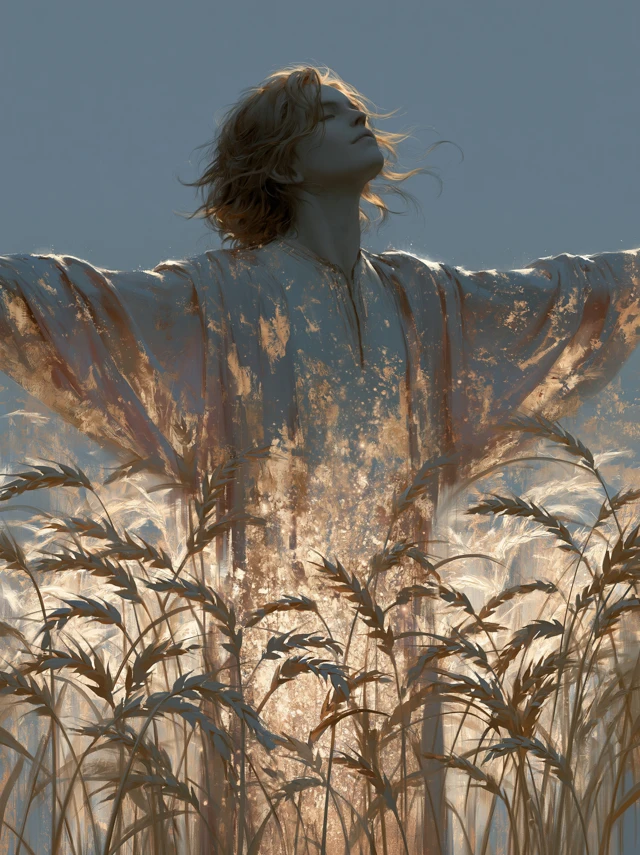 multiple abstract A joyful red haired woman in a golden wheat field, her arms spread wide, hugging the empty space where her partner should be. Head tilted back into the wind, smiling blissfully, 60% dusty rose and bronze tones, 30% soft blue shadows, 10% transparent sparkle dust at missing figure, radial composition, curved arm lines, emotion of lost connection and muscle memory.
