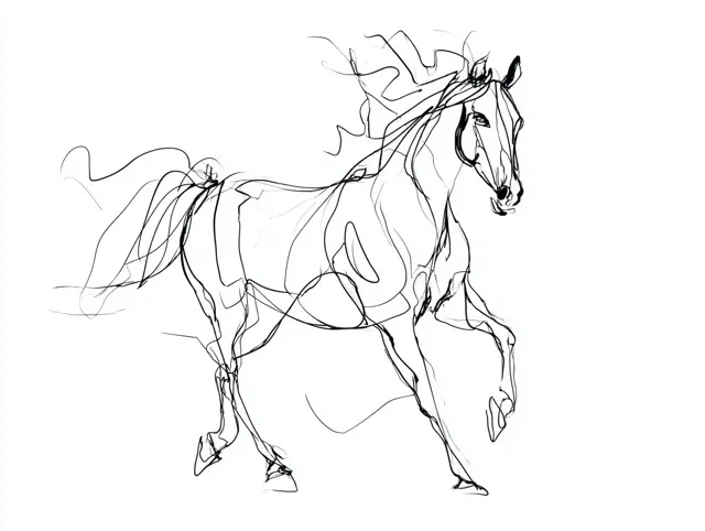 continuous line drawing depicting of Running Horse Art Style: Expressive Minimalism, single stroke, minimalist, fluid motion, elegant, monochrome, white background, expressive, gesture, uninterrupted, fine line, artistic, zen, ethereal, sophisticated