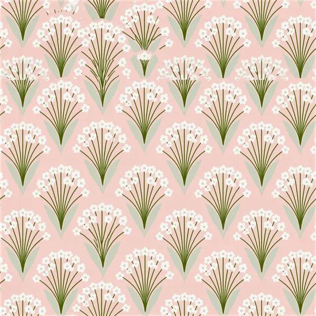 a pattern of small white flowers and light green leaves on a light pink background, inspired by the art deco style