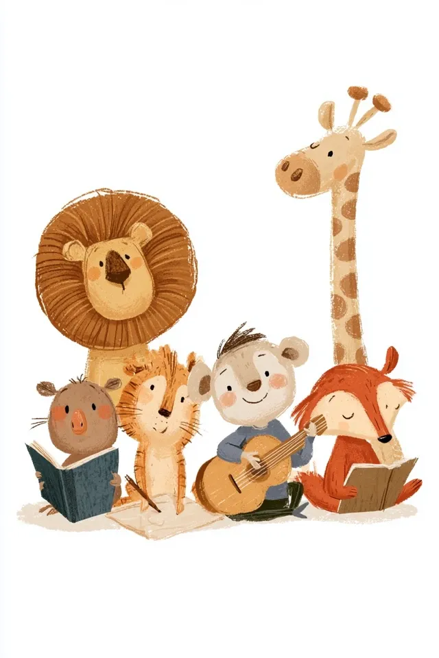 4 cute toddler animal, side by side, one is reading book, one is drawing, one is playing guitar and other one is studying