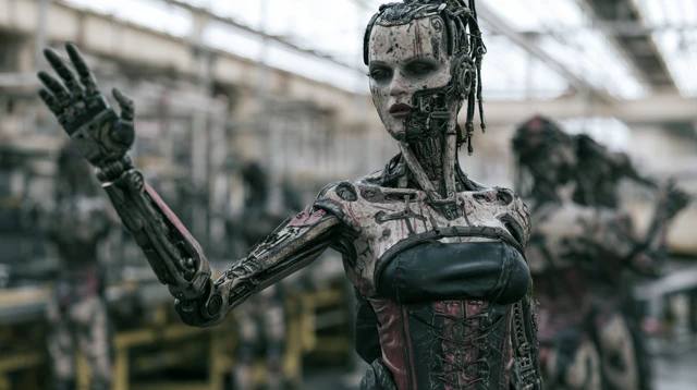 A cybernetic woman, with robotic limbs and intricate circuitry visible on her skin, femme fatale, dominatress, bold leather, standing inside of a factory watching other cybernetic women be manufactured and waving farewell, The camera is zoomed out. The light barely on her face, professional color grading, soft shadows, no contrast, clean sharp focus
