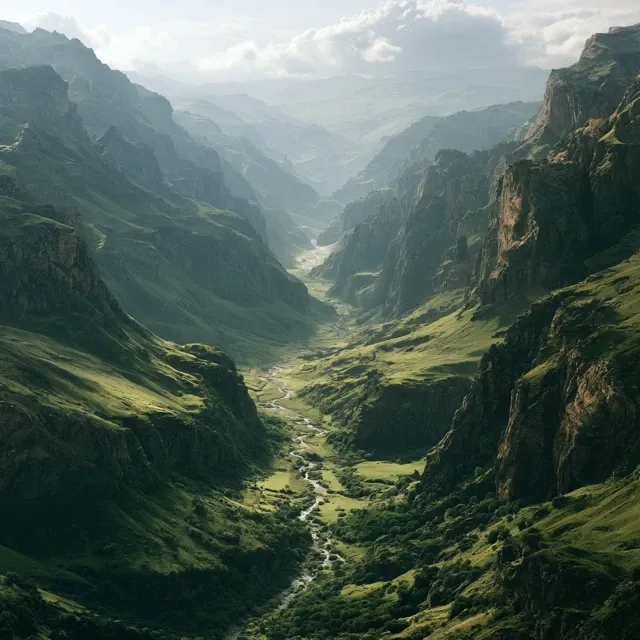 Mountain surrounded valley, green, depth, rocky