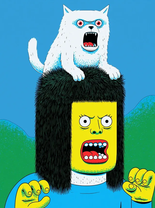 A white cat on the brunette female head, cartoon illustration, grotesque humor, clean vector lines, bold colors, Mike Judge meets MeatCanyon, highly detailed, absurd character design