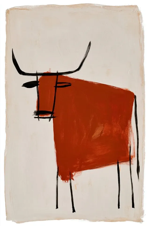 minimal bull silhouette, heavy flat forms, clay red on warm beige background