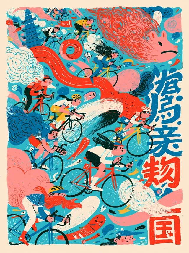 Tour de France illustration top view of bunch of bicycle rider