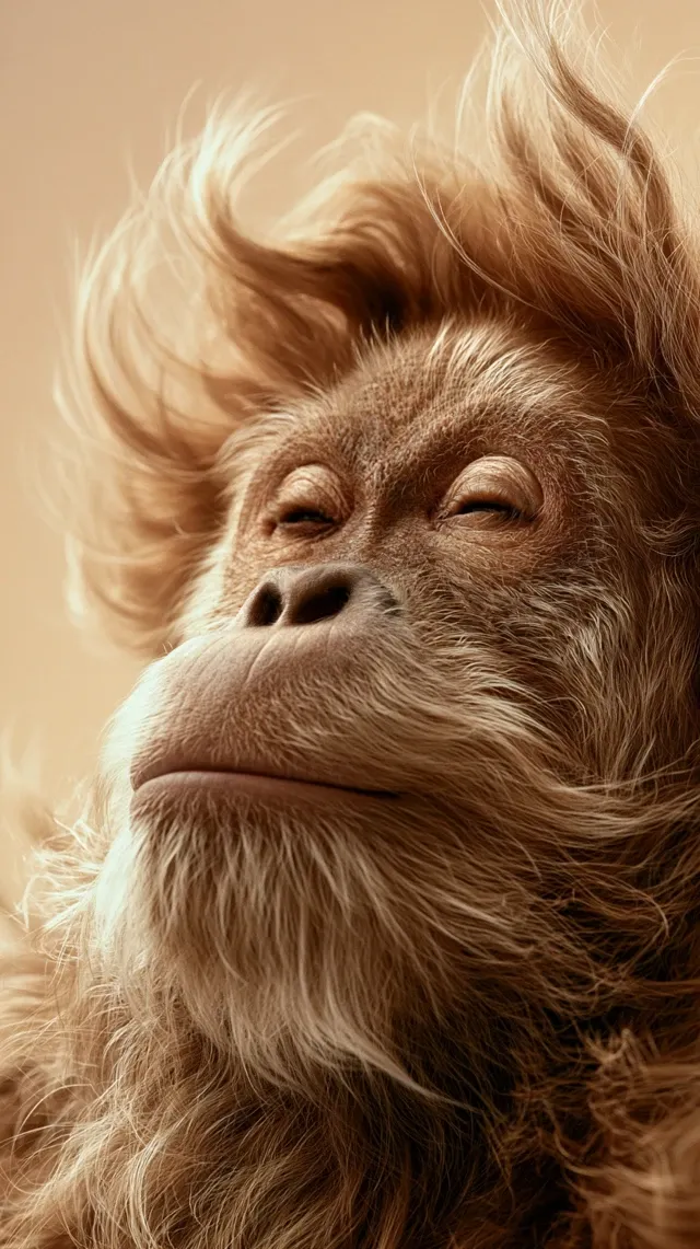 funny Cartoon orangutan, fighting against blowing wind, perfect fur effect , Makro Shot main focal point (face and key detail) positioned within the upper 55% of the vertical frame, slightly right of center, with open negative space kept to the left of the subject