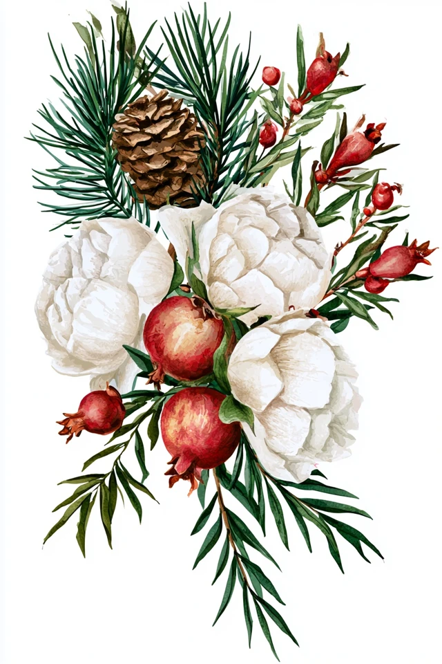 Holiday bouquet featuring pine branch with pinecone, white peonies and pomegranate branches, realistic watercolor and ink greeting card illustration on a white background, sharp edges, easy to cutout