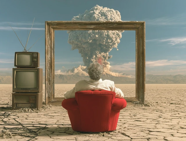 a man with gray hair in white sits in a red armchair, facing away, observing a volcanic eruption through a large, rustic frame in a desolate, cracked desert landscape. on the left side of the frame, two old televisions are stacked on a wooden stand, topped with antennas. an old radio is part of the stand, and power cables are visible on the ground.