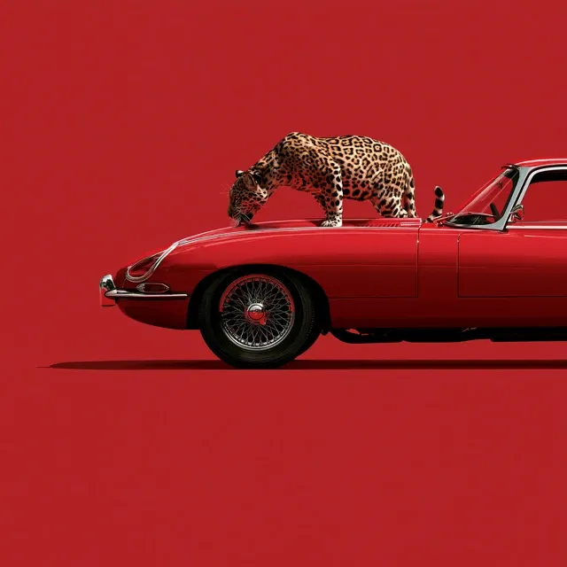 jaguar kisses the Jaguar bonnet on a red E-type Jaguar car. red background. Show the car in profile, from front to behind the car's wire wheels.