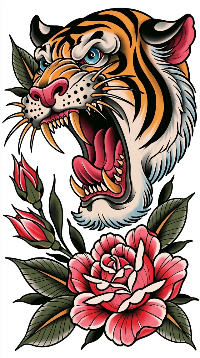 Old school flash of traditional japanese tiger, classic tattoo style, white background