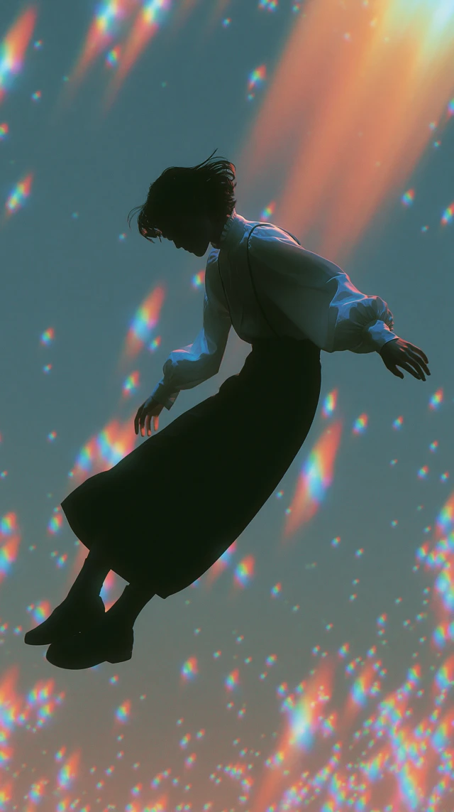 A woman flying through a dream like scene