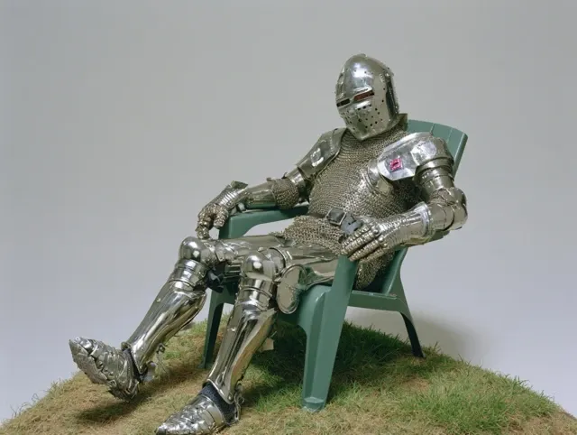 Hyper-realistic studio portrait of a knight sits in a plastic beach chair, lost in thought. The surreal natural setting features the chair on grass, with the sea on the other side, the scene is shot in a studio with clean, neutral lighting against a solid light gray backdrop, in sharp focus and cinematic style, high resolution, and fine details