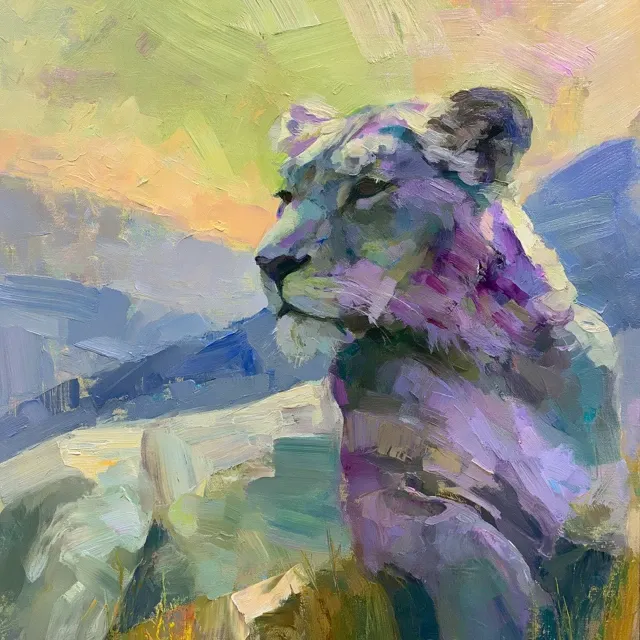 painting of a Close-up of a lioness poised regally gazing into the distance. a warm lime green sky blending into yellow-orange hues, ultramarine blue and cool gray mountains, dominant colors green purple and gray, in the style of Quang Ho