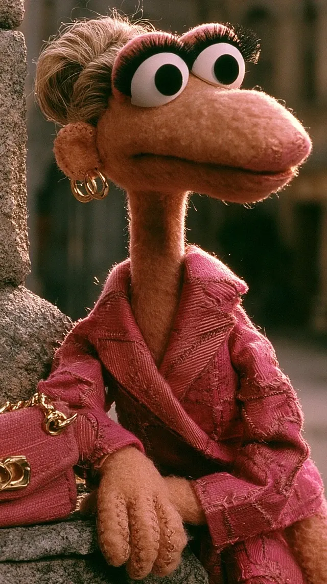 Muppet style felt puppet illustration, high fashion editorial scene. Felt puppet in strong torsional pose: shoulders and hips counter rotated, weight braced low against an out of frame ledge, one felt hand gripping rough stone with stitched tension detail at fingers, torso twisted toward camera. High stitched cheekbones, oversized round eyes, long lashes, small gold hoop earrings. Richly textured felt surface with visible fuzzy nap, fabric weave detail catching light at collar and neck, uneven felt coloring and subtle patchwork seams. Sculptural tailoring in saturated fuchsia felt with sharp stitched seaming, macro fabric detail showing structured felt weave. Small structured felt handbag with gold hardware and interlocking clasp. Outdoor stone urban backdrop as puppet stage set. Hard single direction stage lighting from upper right with defined shadow side, low three quarter angle, shallow depth of field, classic Muppet Show production style, playful high fashion charm, no film grain.