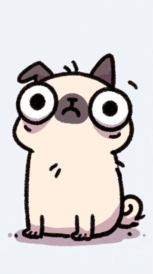 Create a drawing of a character that resembles a pug dog, with large, wide-set eyes that protrude from their sockets.