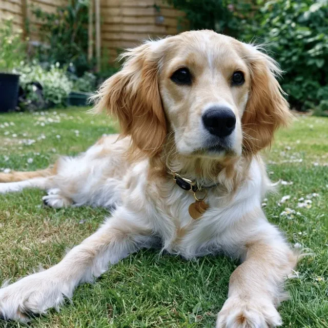 a dog he hair with a gradient of light gold lying on the lawn