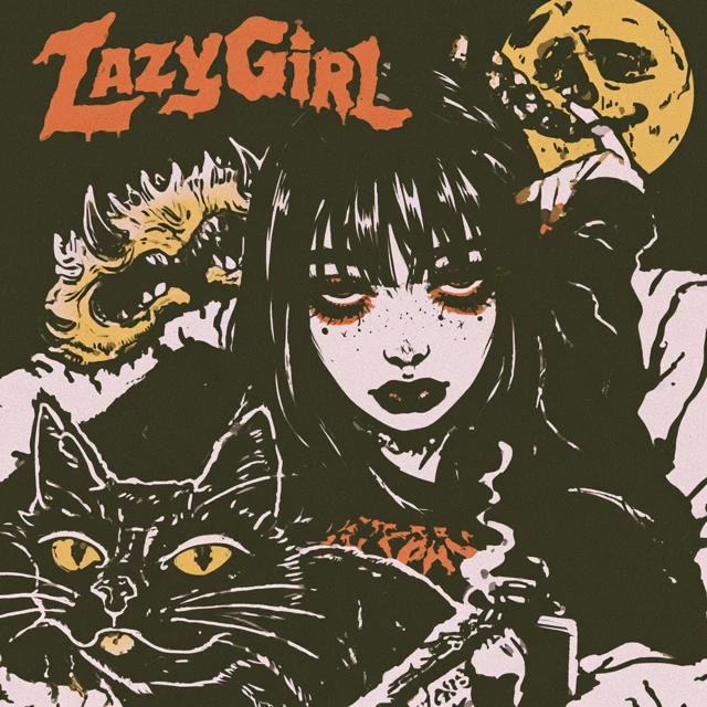 Create an illustratior about a LazyGirl who is extremely tired and bored about this reality, she wants to scape from this world but it's too lazy to do it. I want the illustration to have: title LazyGirl a girl that looks like the image I uploaded, not the same, but inspired by that kind of girl, this will be the character for my future illustrations, the lazygirl is fun, cool, and modern but too lazy to live. make her in a scenario that describes this sentiment and sensation I'm telling you. She could be in a Sofa or somewhere cool and nice, but she is the main thing. but dont copy the image, you have to create a new character.