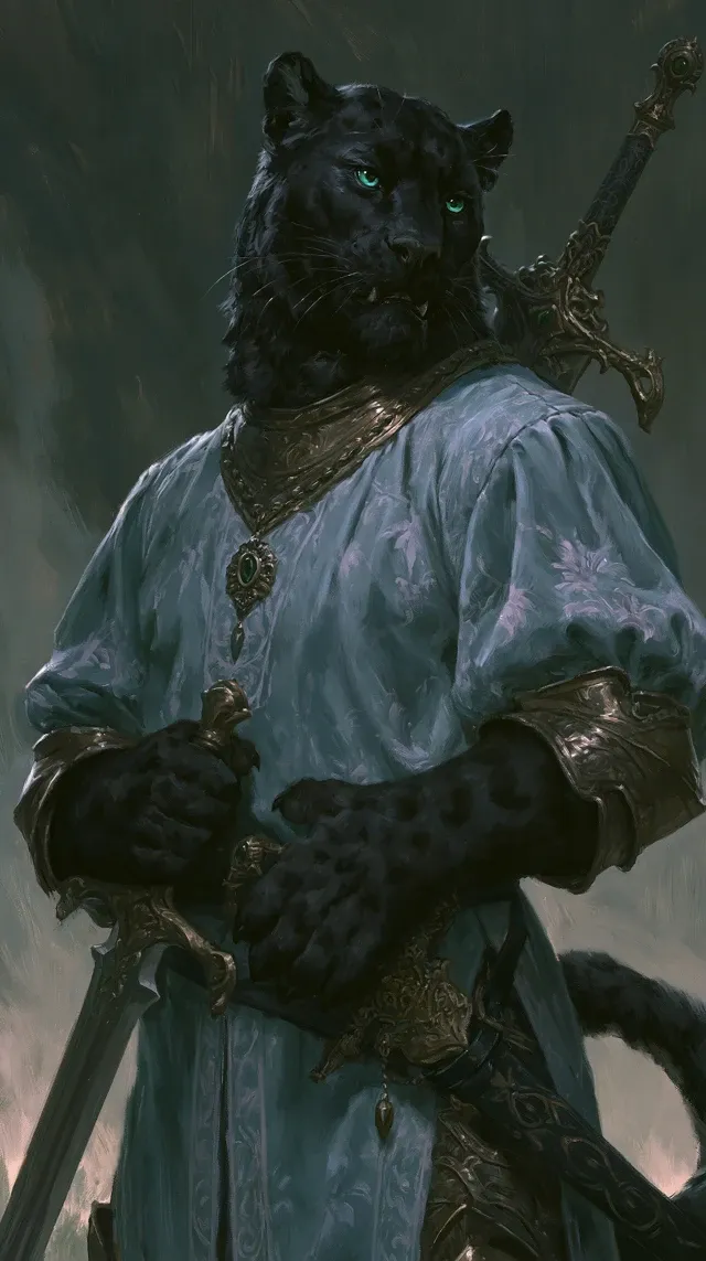 Magic the Gathering illustration of an anthropomorphic Black Panther Humanoid with bright green eyes, wearing an elegant velvet light blue tunic over armor, an elaborate fantasy sword on his back, he is a knight, dungeons and dragons Panther Humanoid, dramatic lighting