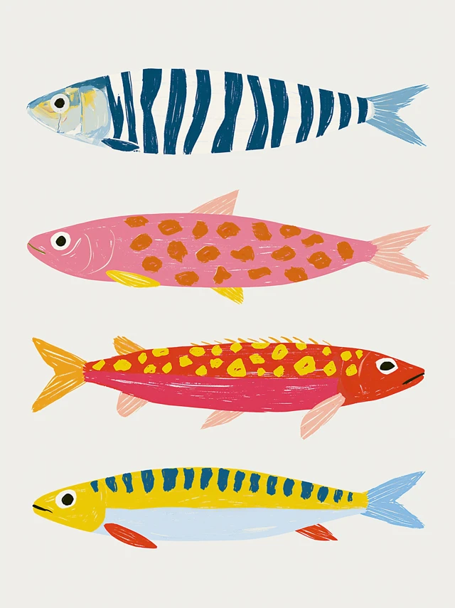 Minimalist vector of three different sardines: one with zebra stripes and the other two in the style of leopard print, on a light background. Bright colours