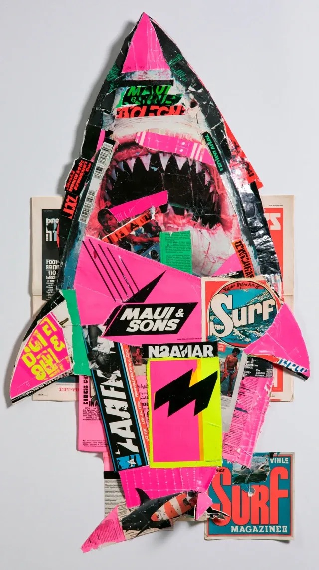 collage, 2d shark constructed with magazine cut-out components, Maui & Sons, white background, Hasselblad styling, vintage surf aesthetic branding elements, Maui & Sons logo, vintage Surf magazine logo, organized meticulous chaos