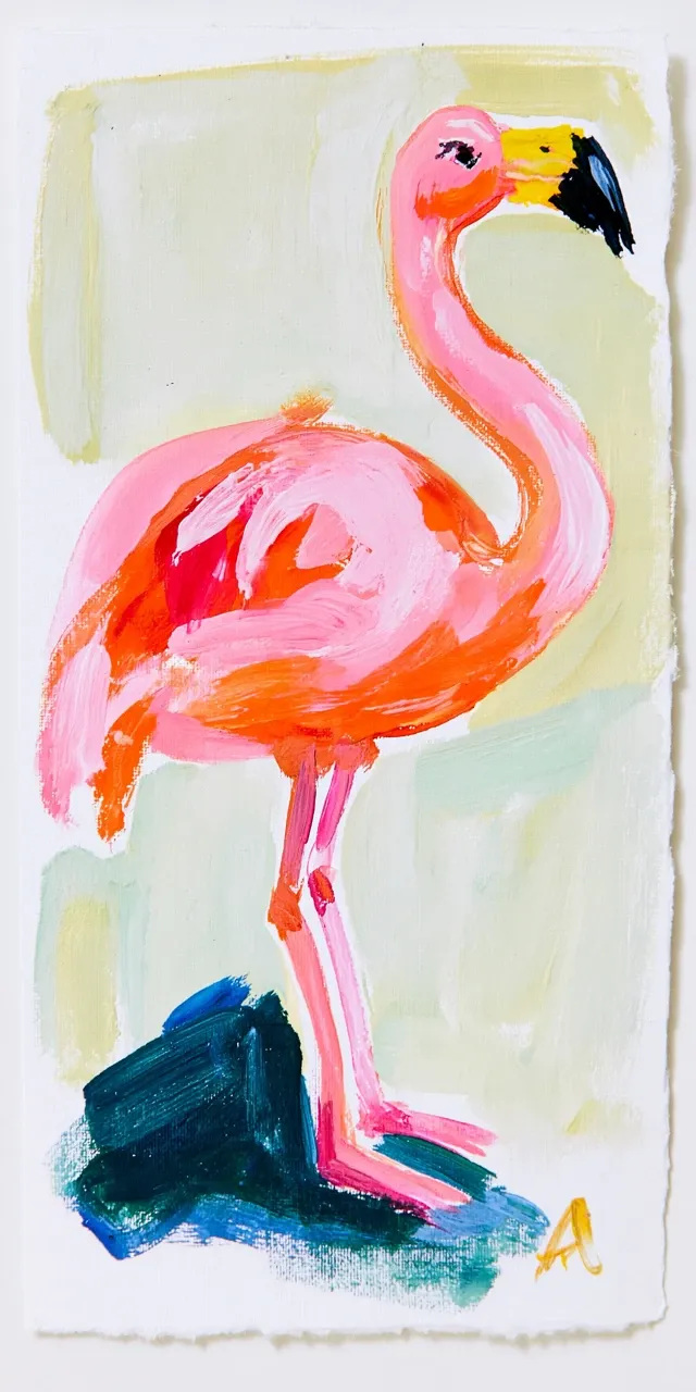 Hand-painted gouache clip art of a single pink flamingos, white background, charming mid-century inspired folk art style, imperfect hand-drawn lines, clean outlines, flat composition, simple shapes, soft muted pastel palette, lots of negative space, no other objects, no text