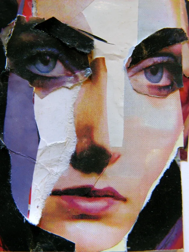 Only random magazine fragments placed without planning gradually become the face of a woman the artist instantly recognizes as the one he had imagined all his life, authentic handmade collage, visible paper fibers, torn edges, offset printing dots, overlapping layers, no drawing, no painting, only printed paper unexpectedly becoming human,