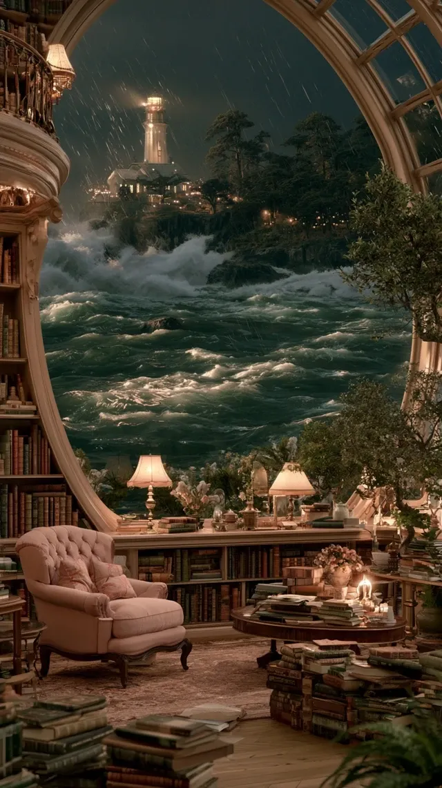 Inside a cozy circular lighthouse library with massive panoramic glass windows overlooking a stormy dark ocean with huge waves crashing against cliffs, heavy rain pouring outside, cozy warm vintage lighting inside, shelves filled with old books, a comfortable armchair, cinematic atmosphere, moody dark blue and amber tones, photorealistic, 8k