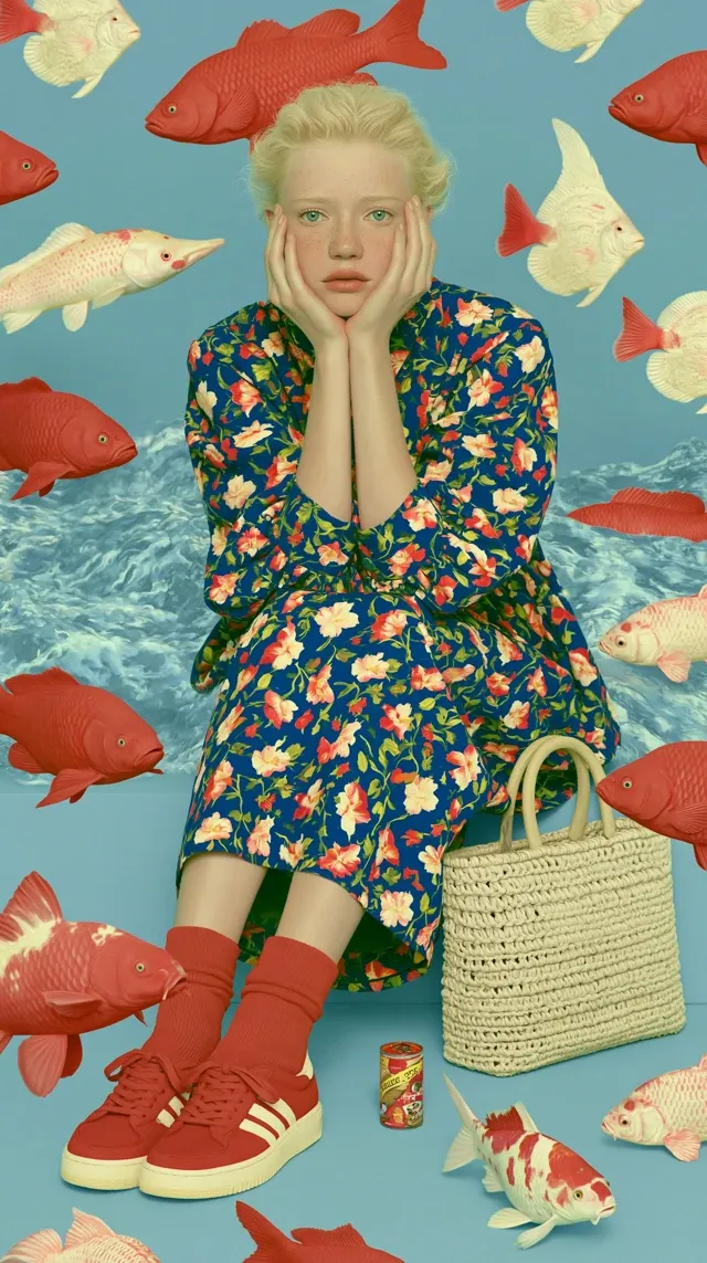 A surreal digital artwork of a girl sitting in a room with the walls made of flowing water and fish swimming around her, featuring prominent red accents on the person's clothing or on objects in the room to create a bold focal point, utilizing a warm and inviting color palette, in the style of a realistic watercolor painting, carlos28355