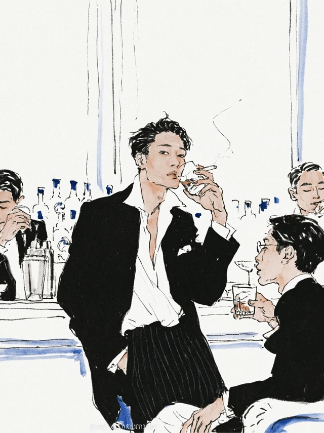 高级优雅酒吧，吧台前，几位亚洲穿西装的男士，手里拿着威士忌，聊天，高级时尚大片感，塗り絵、白黒