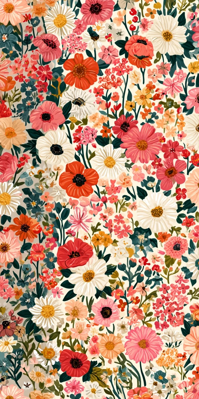 infinite florals. Tiny repeating flowers of different colors and shapes. Whimsical cartoon art-style