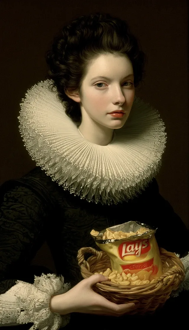 A cute woman with black hair and gray eyes wearing an elaborate white ruff collar, holding and eat a opened bag of "LAYS" cheese in her hand, painted in the style of a old master