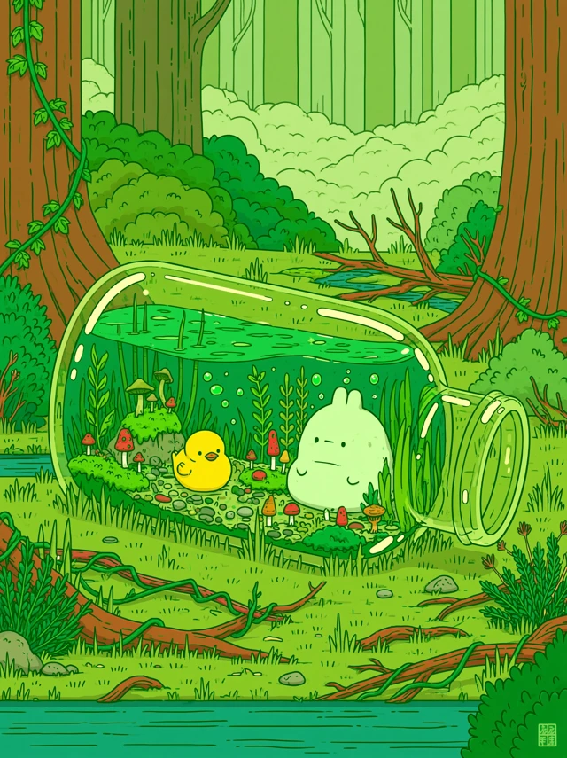 In a secluded forest corner, a large transparent glass bottle lies on its side on grass, containing blue green water with a miniature aquatic ecosystem. Inside: a round yellow duckling, a soft white cartoon character, aquatic plants, mushrooms, moss, pebbles, and bubbles. The bottle opens right, with crisp transparent edges and light highlights. Surroundings include grass, vines, branches, shrubs, and a stream, with towering tree trunks, layered green bushes, and a pale green distant forest. Flat style digital illustration in shades of green, ultra fine dark green outlines, clean lines, crisp color blocks, bright and refreshing. Soothing fairytale atmosphere. Keywords: Interior forest view, transparent glass bottle on its side, miniature aquatic ecosystem, yellow duckling, soft white character, aquatic plants and mushrooms, foreground stream, flat style green illustration, ultra fine dark outlines, soothing fairytale atmosphere.