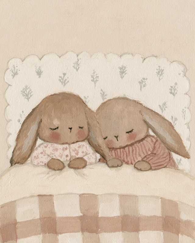 Sweet vintage nursery illustration of two adorable bunny siblings sleeping peacefully side by side in bed, their eyes gently closed and cheeks rosy, both nestled beneath a soft cream blanket, one bunny wearing a delicate dusty pink floral pajama top and the other wearing a cozy blush pink striped sweater, long floppy ears resting naturally, simple charming sleepy facial features, their little paws resting on top of the blanket, large scalloped cream pillow behind them decorated with tiny delicate sage-green botanical sprigs, soft beige and blush gingham bedspread in the foreground, warm neutral cream background, whimsical hand-painted gouache and watercolor texture, subtle visible brushstrokes, cozy antique children's storybook aesthetic, muted beige, blush, cream and sage palette, soft dreamy lighting, tender peaceful bedtime atmosphere, elegant nursery wall art, no text, no border