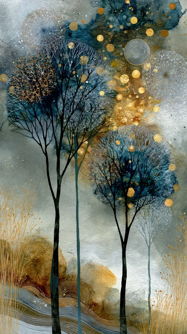 Winter trees, elegant, fantasy, intricate, very attractive, beautiful, watercolor, mystic, Paul Klee, art deco, Tim Burton, Yacek Yerka, Dee nickerson, Funkelnd, Spirit in the sky